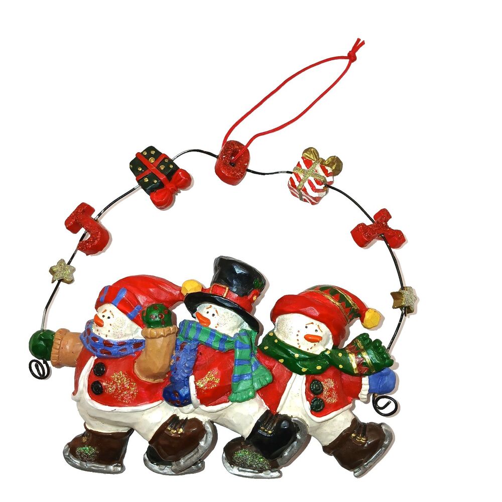 Vintage 3D Resin 3 Snowman Skating Joy Christmas Tree Hanging Ornament Decor